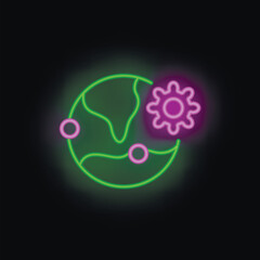 Poster - Neon icon of the earth with a gear, symbolizing global settings or configurations