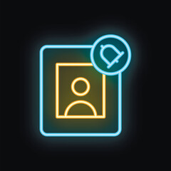 Poster - Neon icon showing new user notification with bell on mobile phone screen on black background