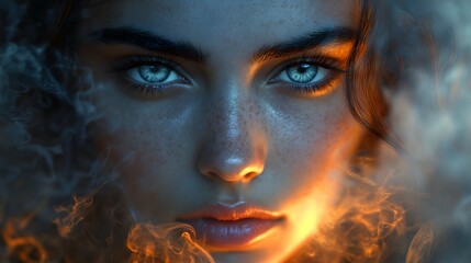 Poster - Capture mysterious secret garden scene featuring a woman with perfect eyes amidst swirling smoke and artistic details blending chaotic elements with smooth lighting for an awardwinning effect