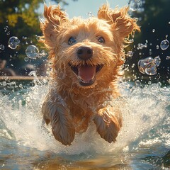 Poster - Capture photorealistic image of a funny longhaired dog making a belly flop into a pool with a big splash and waves while bubbles escape from its mouth showcasing a whimsical Pixarstyle vibe
