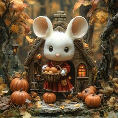 Poster - Capture whimsical scene with a pumpkin house in a forest clearing trees adorned with fall colors and a cute white mouse in a red jacket and apron holding a basket of apples and surrounded by pumpkins