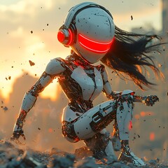 Fototapete - Cartoon 3D woman red neon headset black flowing hair performing a DAB pose in a silver plug suit with mecha boots rubble and battletorn city splashes of light from sunset in the background