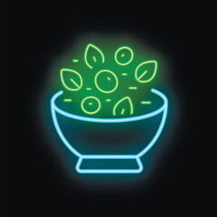 Poster - Neon sign representing a salad with green leaves and vegetables floating over a bowl, concept for healthy food or restaurant