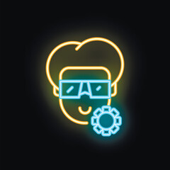 Poster - Neon sign illustrating a man wearing vr glasses with a gear icon, representing the concept of virtual reality settings