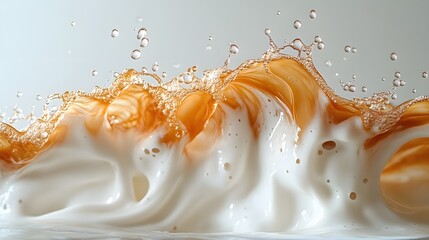 Poster - Coffee spills a spinning cup arcs of dark brown merging with soft white milk The two swirl together into a gorgeous gradient fine liquid beads catching light in midair like an elegant dance