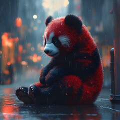 Poster - Realistic depiction of a panda with vibrant red markings sitting on a slick surface its contemplative expression enhanced by blue eyes and a slight frown with soft rain falling in the background