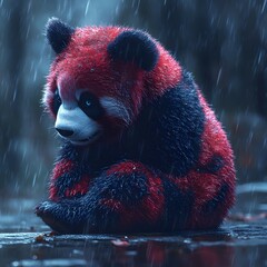 Poster - Realistic depiction of a panda with vibrant red markings sitting on a slick surface its contemplative expression enhanced by blue eyes and a slight frown with soft rain falling in the background