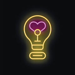Poster - Bright neon lightbulb is glowing with a heart symbol inside, representing the love for ideas and creativity