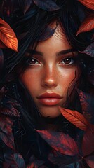 Poster - Secret garden scene featuring a beautiful woman with brown eyes intricately detailed in bold colors against a black background blending photorealistic and abstract styles with dramatic lighting