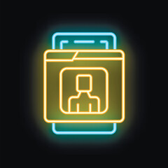 Poster - Glowing neon line resume folder icon isolated on black background. Job search concept. Vector illustration