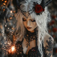 Poster - Enigmatic character with striking silver hair and intricate black tattoos holding a burst of flames that illuminates the dark surroundings with red roses and dark horns adding to the mystique
