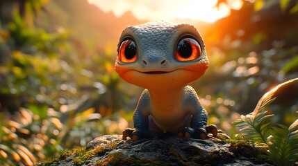 Poster - image of a cute baby dinosaur with large colorful eyes roaring proudly from a mountain summit with a