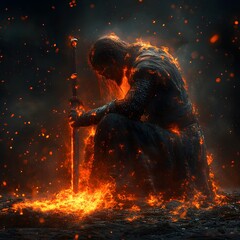 Poster - Ultradetailed image of a Viking god of fire disintegrating kneeling with a sword as embers and ash blow away showcasing fiery veins beneath in a dramatic HDR effect on black