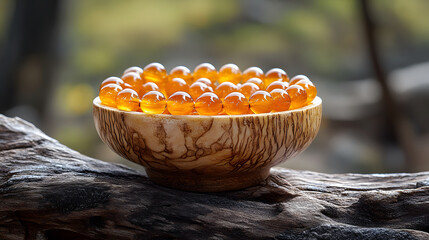 Poster - A wooden bowl filled with shiny orange spheres, placed on a natural surface, surrounded by a serene outdoor setting