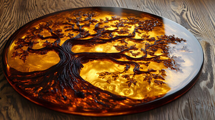 Poster - A stunning round table featuring a resin art design of a tree with rich amber hues against a wooden background