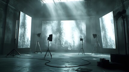 Aufkleber - A dimly lit studio with large screens displaying abstract visuals, illuminated by spotlights, creating an atmospheric and dramatic setting