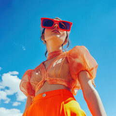 low angle shot of model wearing bold summer outfit with vibrant colors, showcasing confidence and style against bright blue sky