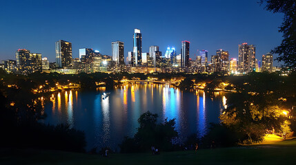 Poster - A serene nighttime cityscape reflecting beautifully on the water, with illuminated buildings and a tranquil atmosphere