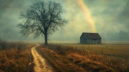 Poster - Darktoned photograph of lone tree and a small wooden house on the left a path winding toward the house The overcast sky contrasts with a vibrant rainbow hazy fields stretch into the horizon