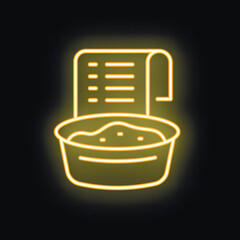 Poster - Yellow neon sign is glowing on a black background, representing the process of cooking using a recipe