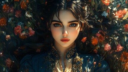 Poster - Depict beautifully detailed octane rendering of a woman in a secret garden emphasizing the contrast of colors and intricate background with heavy brushstrokes and dramatic volumetric lighting
