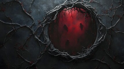 Poster - detailed 3d mirror surrounded redblack corridor thorns and tangled vines showcasing tormented souls 