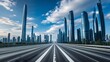 © BashirIrshad - Aspirational Skyline: A long, straight highway vanishes into a breathtaking cityscape of modern skyscrapers under a vibrant blue sky, representing progress and ambition.