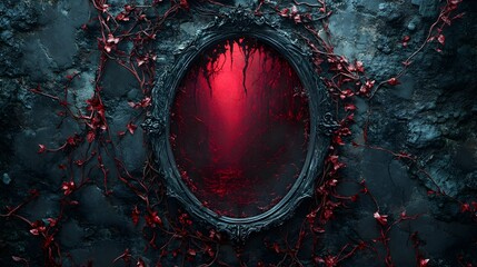 Poster - Detailed 3D mirror surrounded redblack corridor thorns and tangled vines showcasing tormented souls screaming inside set against a deep black background hyperrealistic and intense
