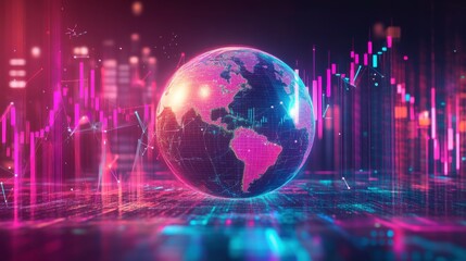 Poster - A vibrant digital globe surrounded by colorful data visualizations, representing global finance and technology trends.