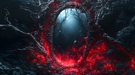 Poster - Detailed 3D mirror surrounded redblack corridor thorns and tangled vines showcasing tormented souls screaming inside set against a deep black background hyperrealistic and intense