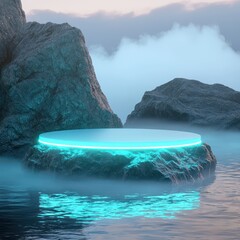 Wall Mural - Above a smooth rock bed surrounded by misty water, an oval 3D podium glows with pastel mint neon.