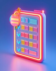 Poster - a vibrant, neon-themed checklist with colorful boxes and a lock tag, set against a blue background.