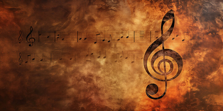 Clef and music notes against abstract goth music style dark brown background
