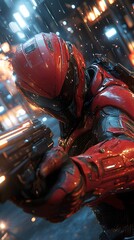 Fototapete - Eddie clad a Warframestyle red biomechanical suit engaged in an intense firefight Neon lights and cyberpunk elements surround him dynamic action shot with glossy textures matte painting vibes