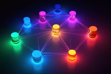 Poster - a vibrant network of illuminated nodes connected by glowing lines, representing communication or dat