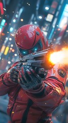 Poster - Eddie Iron Maiden in a red biomechanical suit firing a futuristic weapon amidst neonlit cyberpunk city streets Glossy textures dynamic composition wide angle Warframe style high contrast details