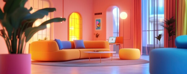 Poster - A vibrant, modern living room featuring colorful furniture, playful decor, and bright lighting, creating an inviting and cheerful atmosphere.
