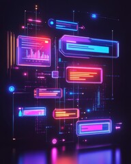 Poster - a vibrant digital interface featuring glowing screens and data visualizations, showcasing a futurist