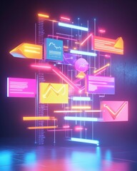 Poster - a vibrant digital interface featuring neon elements, graphs, and data visuals, showcasing a modern, 