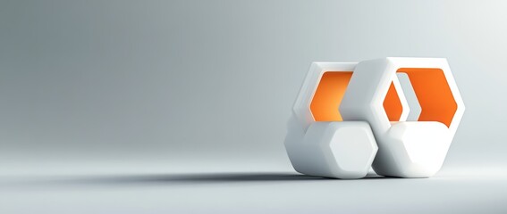 Fototapete - Minimalistic 3D white and orange hexagon icon on grey background with soft shadows and professional rendering