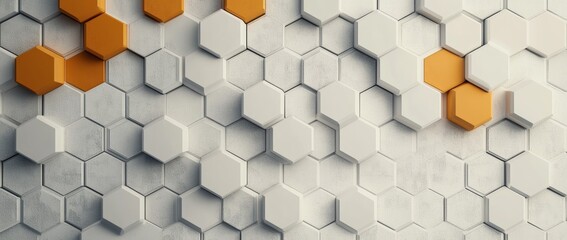 Fototapete - Minimalistic 3D hexagon pattern with white and orange elements on a grey background in high-resolution design