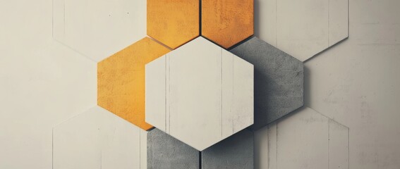 Fototapete - Minimalistic 3D white and orange hexagon icon on grey background with soft shadows and professional rendering