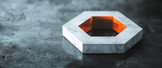 Fototapete - Minimalistic 3D white and orange hexagon icon on grey background with soft shadows and professional rendering