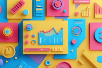Poster - A vibrant, 3D abstract display of colorful graphs and shapes, representing data visualization in a playful, modern style.