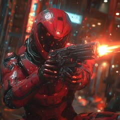 Poster - Eddie Iron Maiden in a red biomechanical suit firing a futuristic weapon in a neonlit combat zone High dynamic range wide angle rich textures Warframe aesthetics dynamic movie poster scene