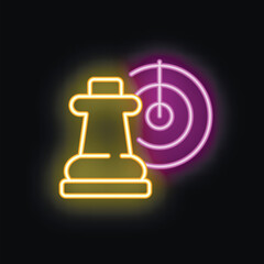 Poster - Neon icon of a chess rook piece with a target behind it, representing strategic thinking and planning