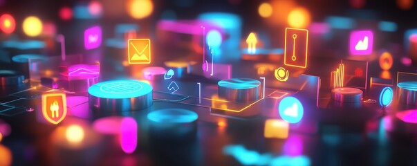 Poster - A vibrant, abstract scene featuring glowing icons and symbols in vivid colors, representing technology and digital connectivity.