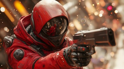 Poster - eddie a sleek red biomechanical suit wielding a firearm in a cyberpunk cityscape dynamic action neon
