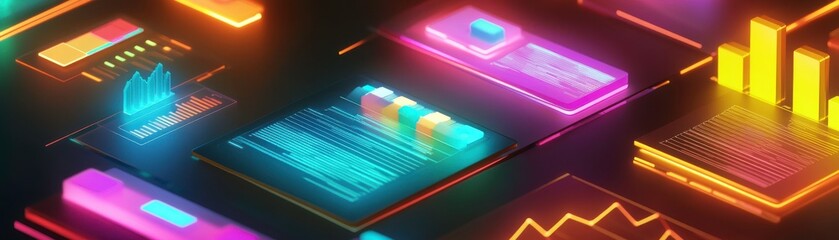 Poster - a vibrant display of digital interfaces showcasing graphs, data visualizations, and interactive elem