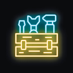 Wall Mural - Neon icon of a toolbox glowing with blue tools inside on a black background